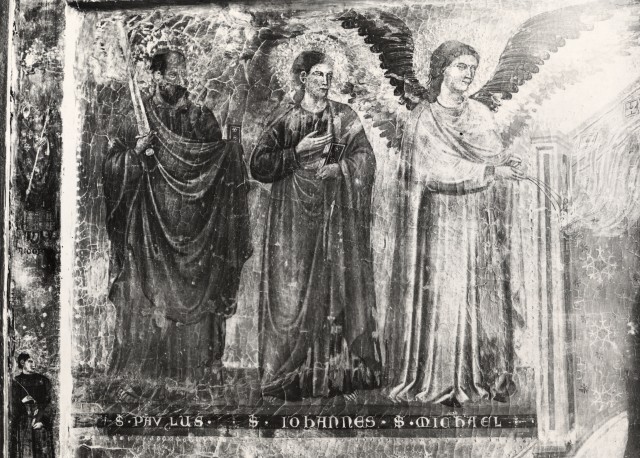 Anonimo — Maestro di Cesi - sec. XIV - Dossale di Cesi: san Paolo, san Giovanni Evangelista, san Michele Arcangelo — particolare